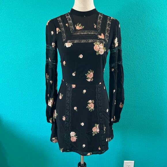 Reformation Sachi Dress Aphrodite Floral Black Long Sleeve Mini Party Size 0 - Picture 3 of 8